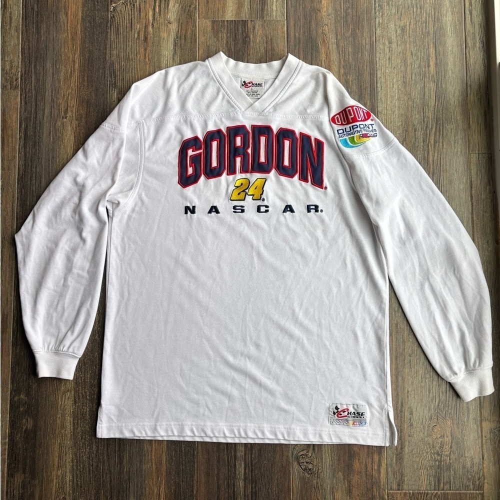 *Flaws Jeff Gordon NASCAR DuPont Chase Authentics V-Neck L/S Shirt Lg White Y2K
